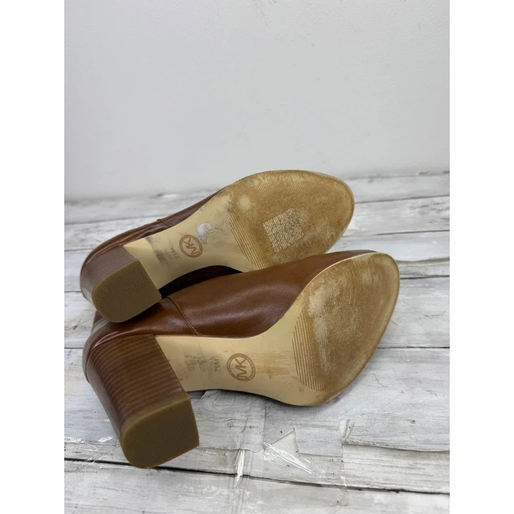 Michael Kors Brown Leather Ankle Boots Block Heel Gold Zip